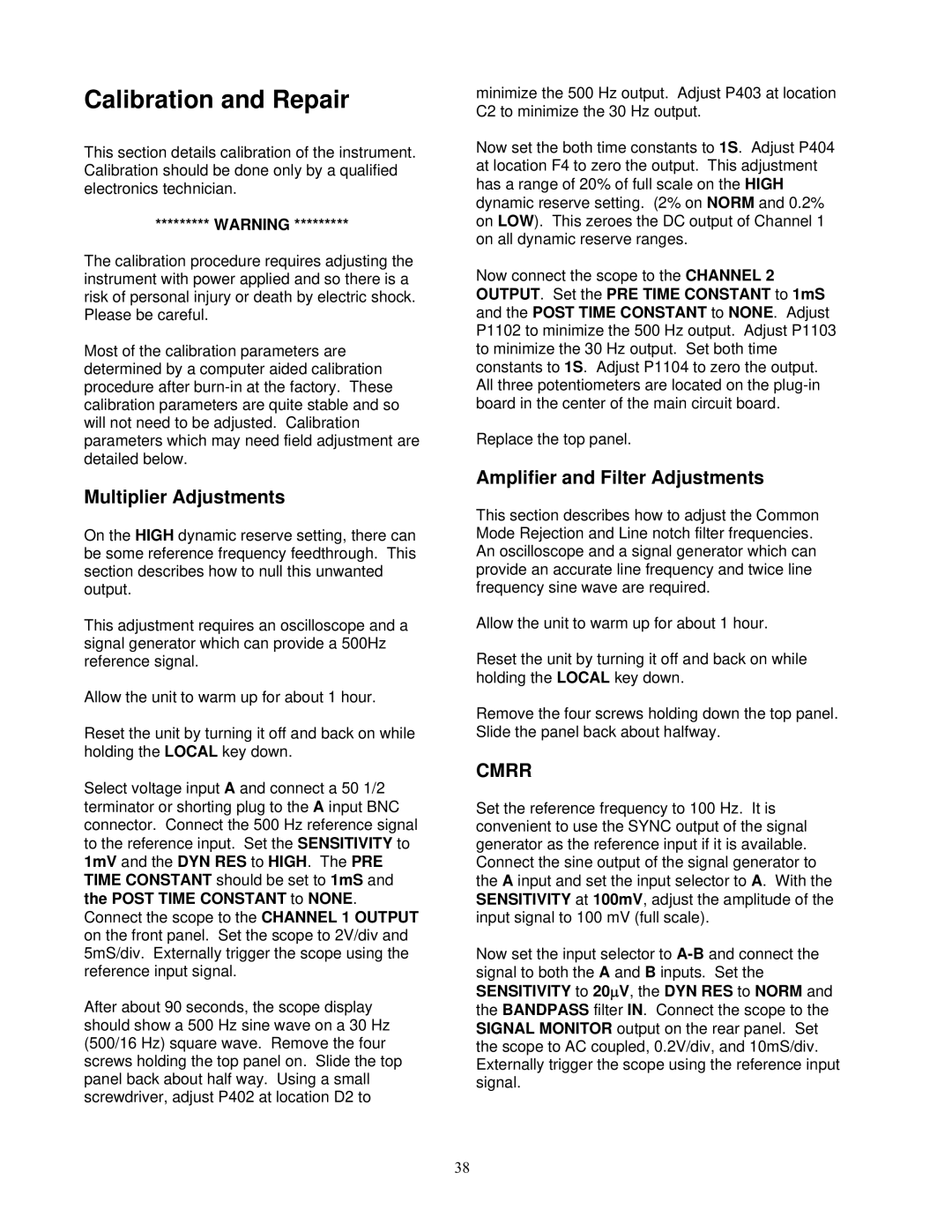 SRS Labs Lock-In Amplifier, SR530 manual Calibration and Repair, Multiplier Adjustments, Amplifier and Filter Adjustments 