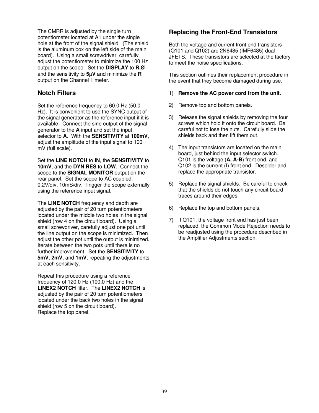 SRS Labs SR530, Lock-In Amplifier manual Notch Filters, Replacing the Front-End Transistors 