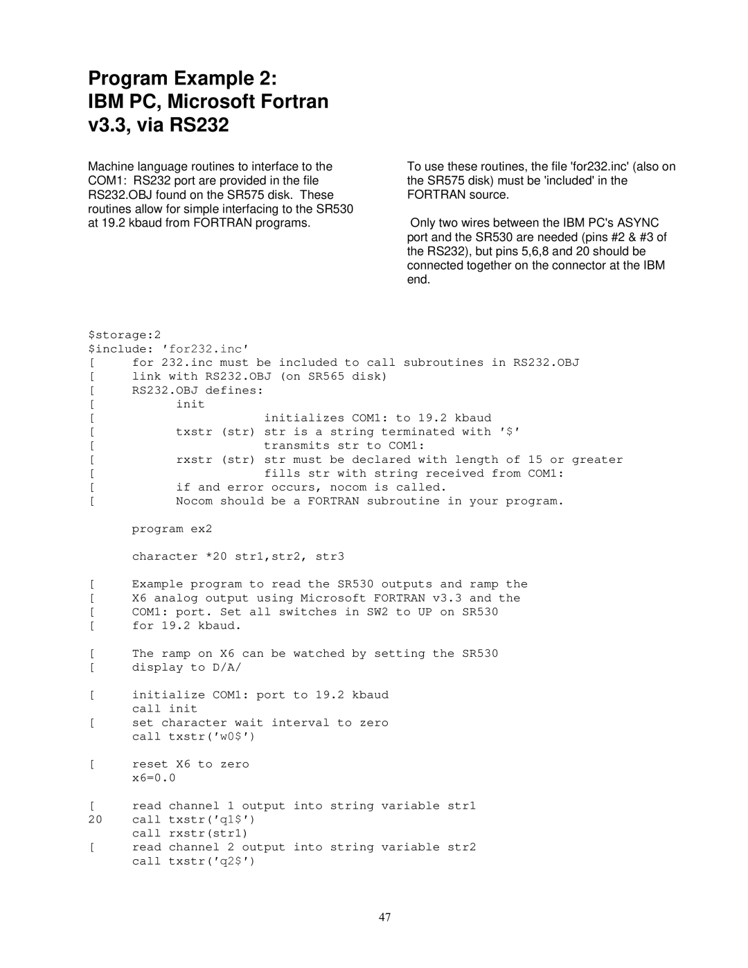 SRS Labs SR530, Lock-In Amplifier manual Program Example IBM PC, Microsoft Fortran v3.3, via RS232 