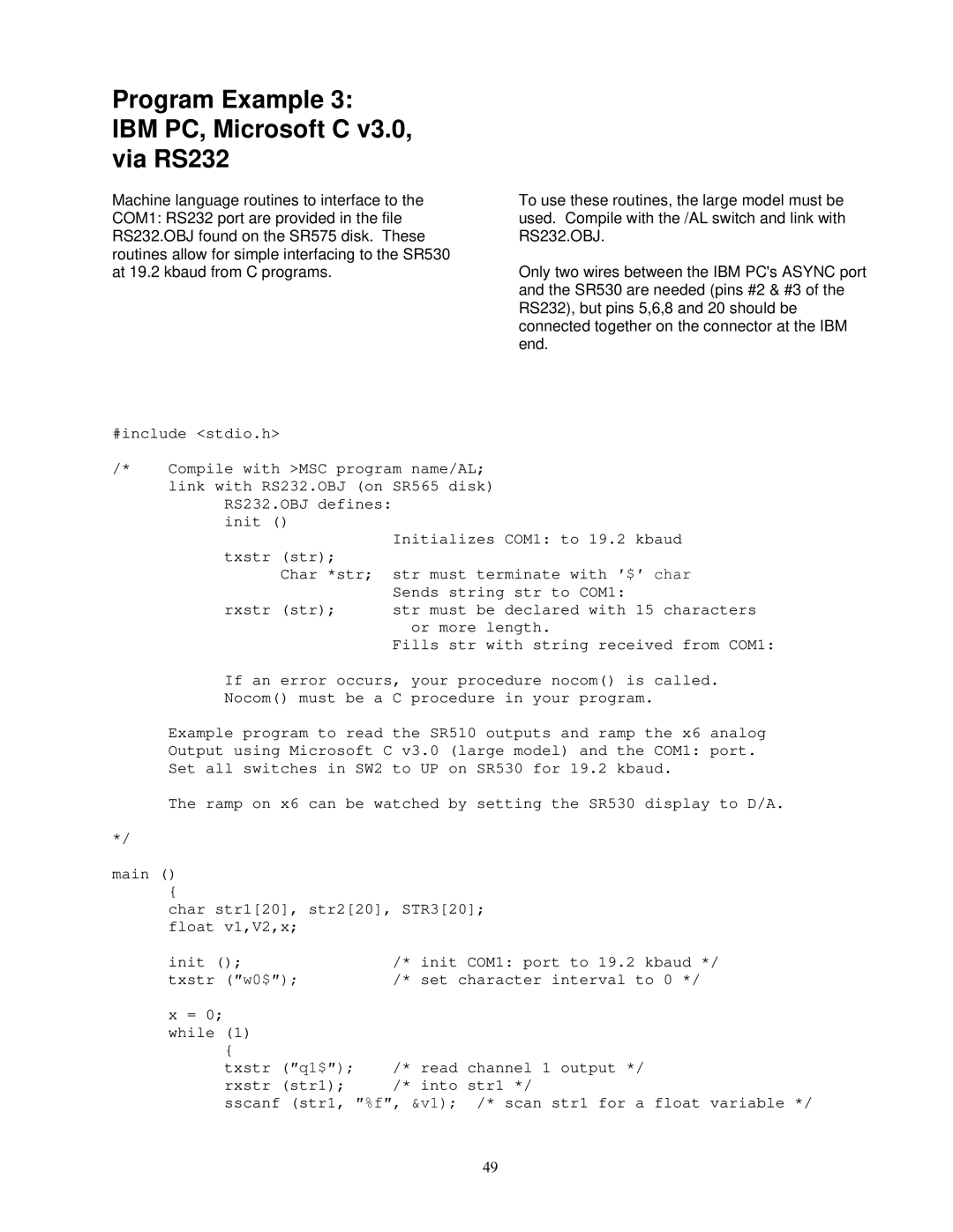 SRS Labs SR530, Lock-In Amplifier manual Program Example IBM PC, Microsoft C v3.0, via RS232, #include stdio.h 