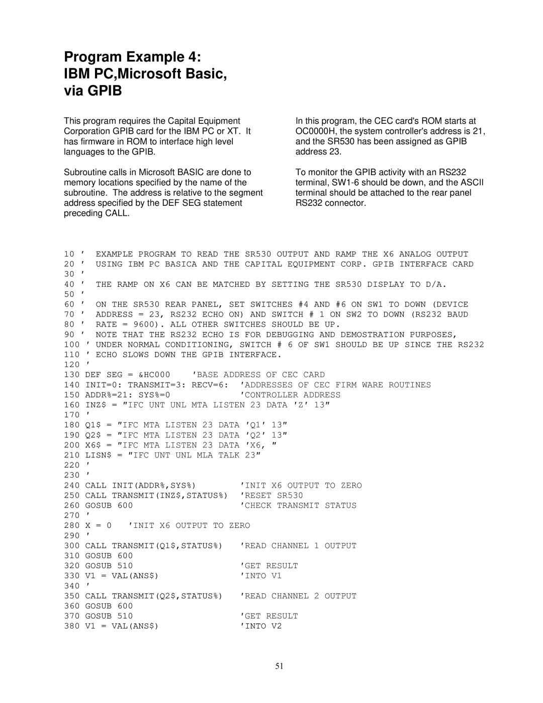 SRS Labs SR530, Lock-In Amplifier manual Program Example 4 IBM PC,Microsoft Basic, via Gpib 