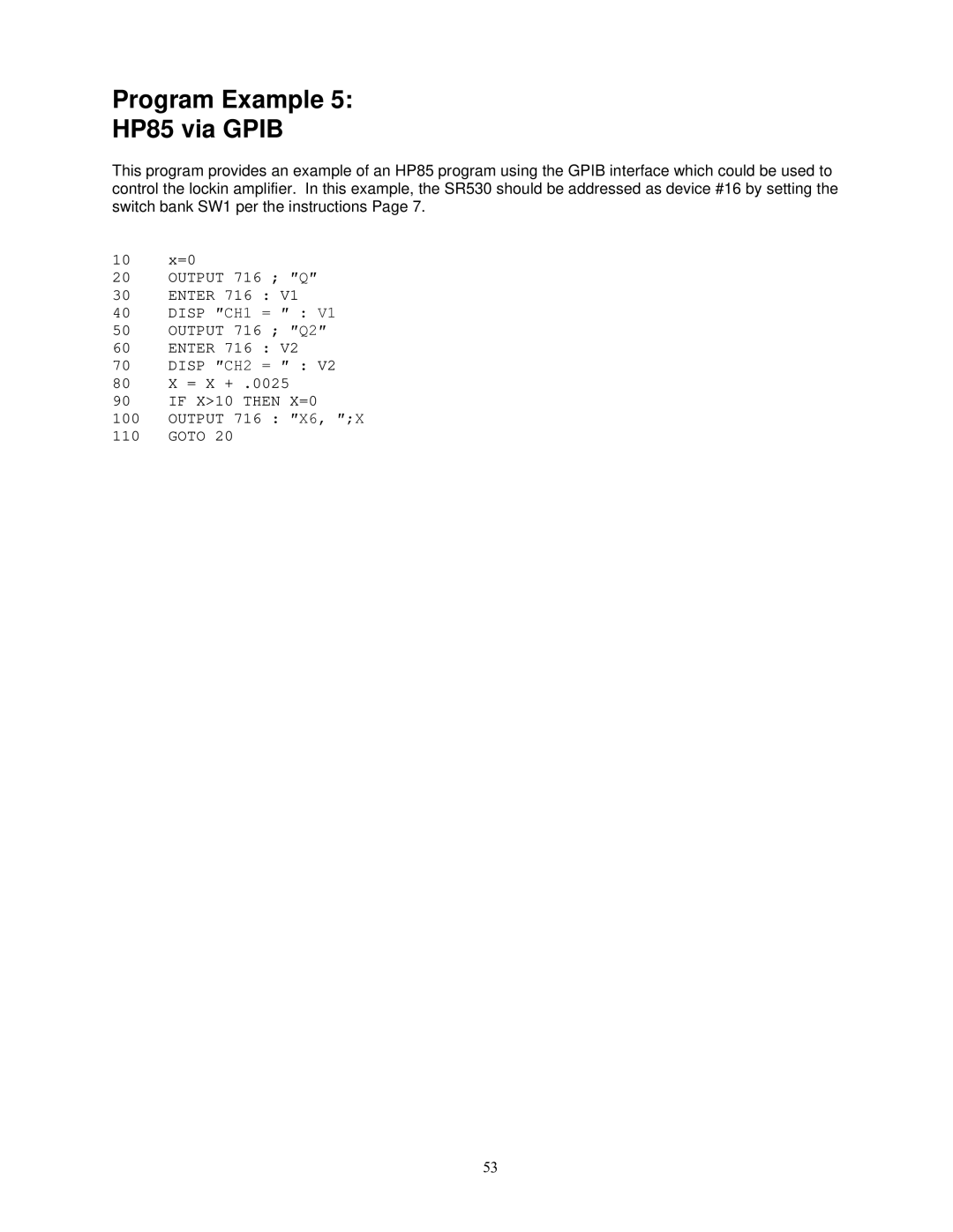 SRS Labs SR530, Lock-In Amplifier manual Program Example HP85 via Gpib 