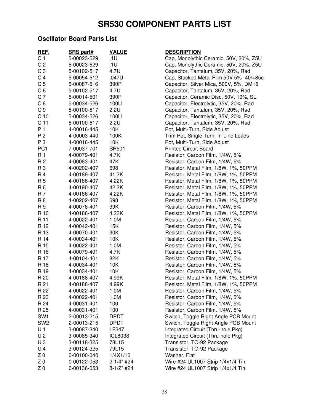 SRS Labs SR530, Lock-In Amplifier manual Oscillator Board Parts List, PC1, SW1, Dpdt, SW2 