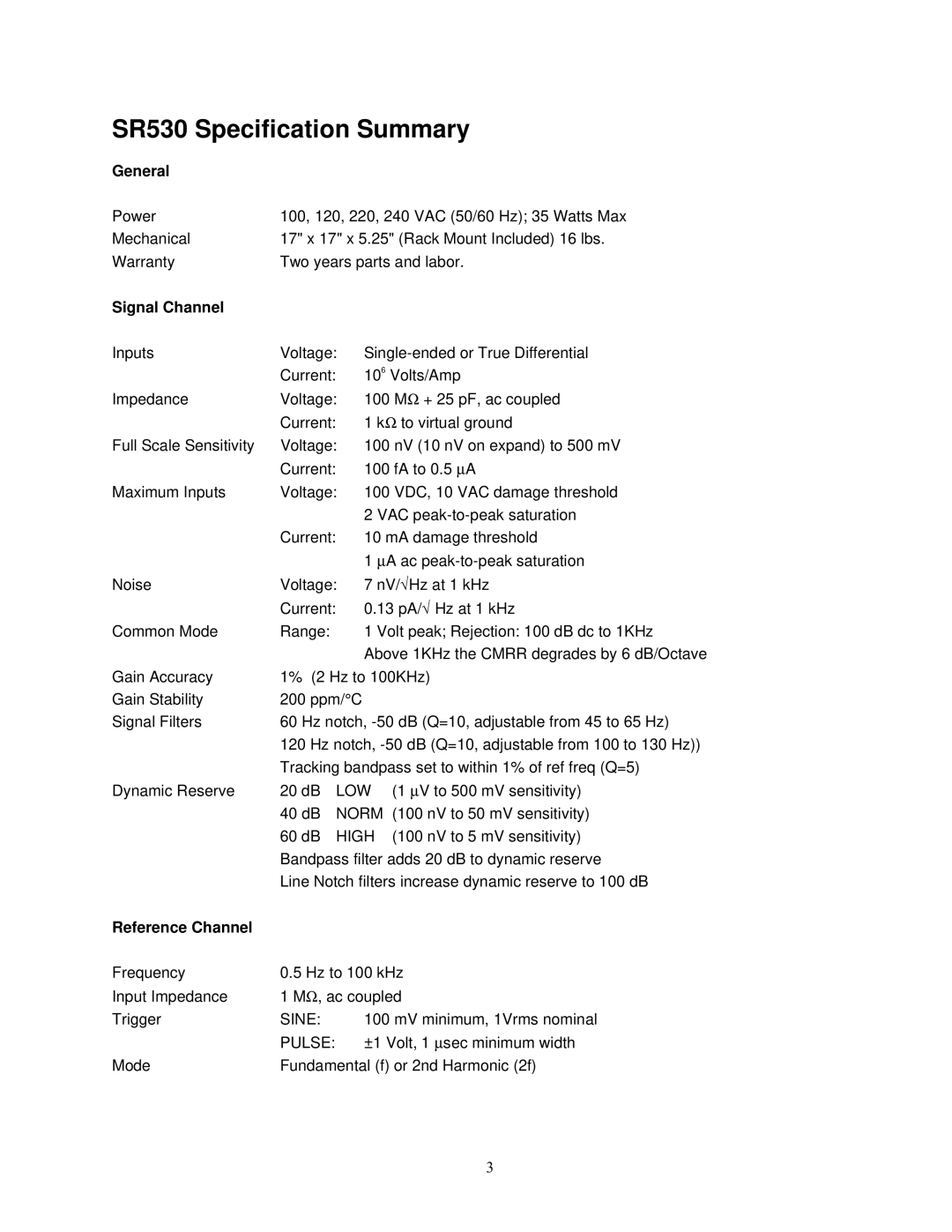 SRS Labs Lock-In Amplifier manual SR530 Specification Summary 