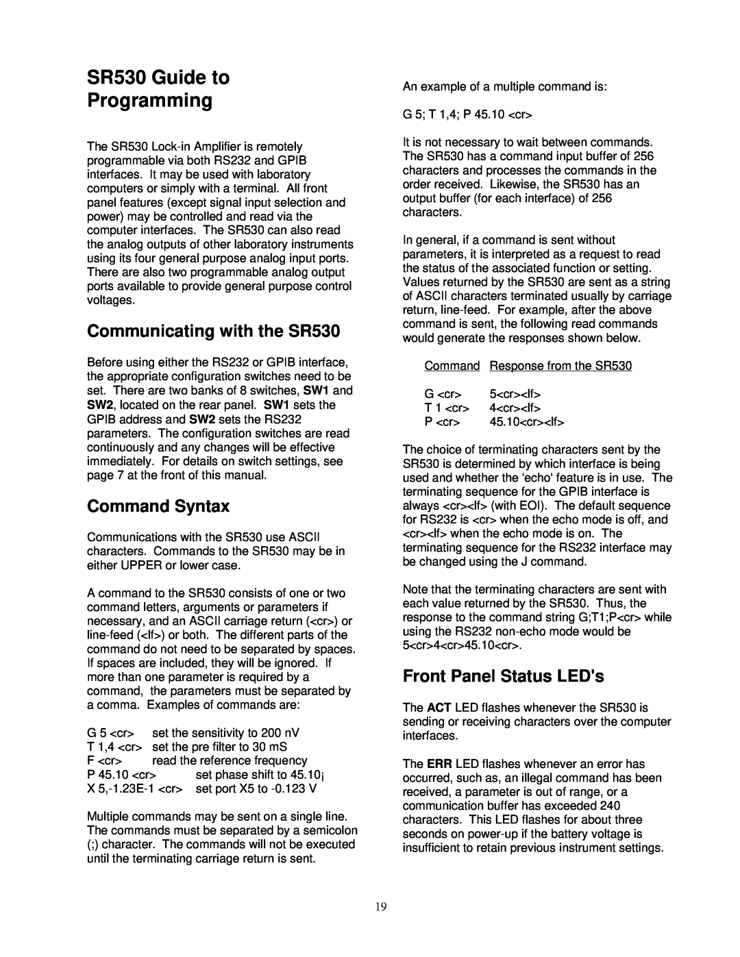 SRS Labs manual SR530 Guide to Programming, Communicating with the SR530, Command Syntax, Front Panel Status LEDs 