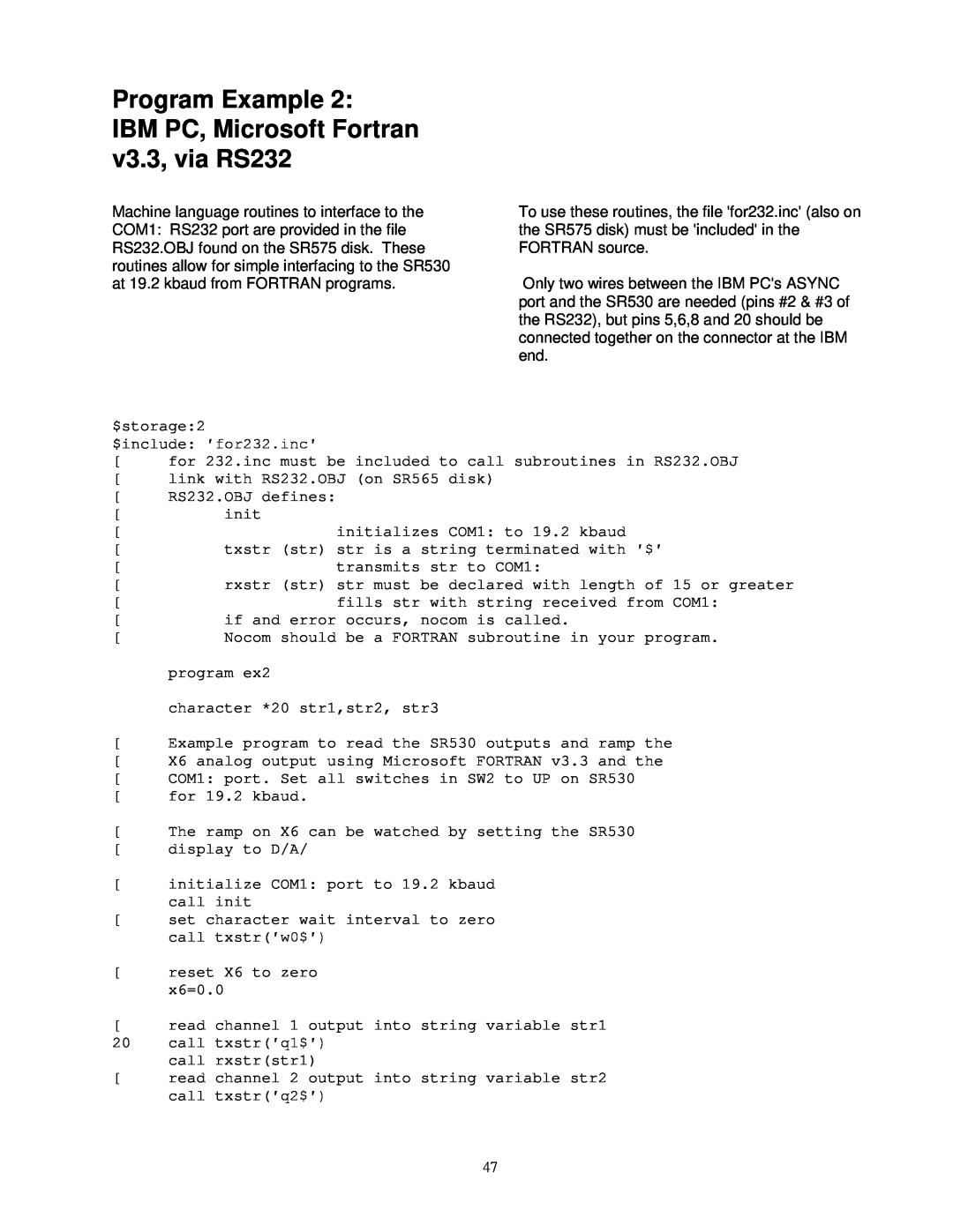 SRS Labs SR530, Lock-In Amplifier manual Program Example, IBM PC, Microsoft Fortran v3.3, via RS232 
