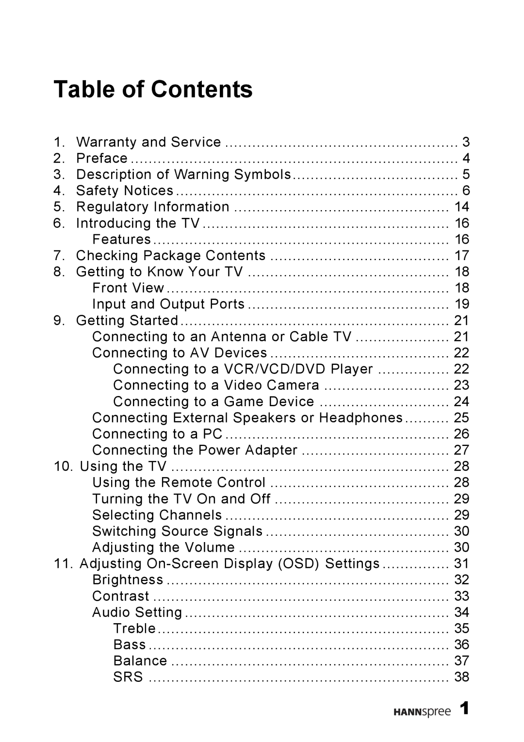 SRS Labs NTSCTVTWEN1203, MAC-001149, LT0G-15A1 manual Table of Contents 