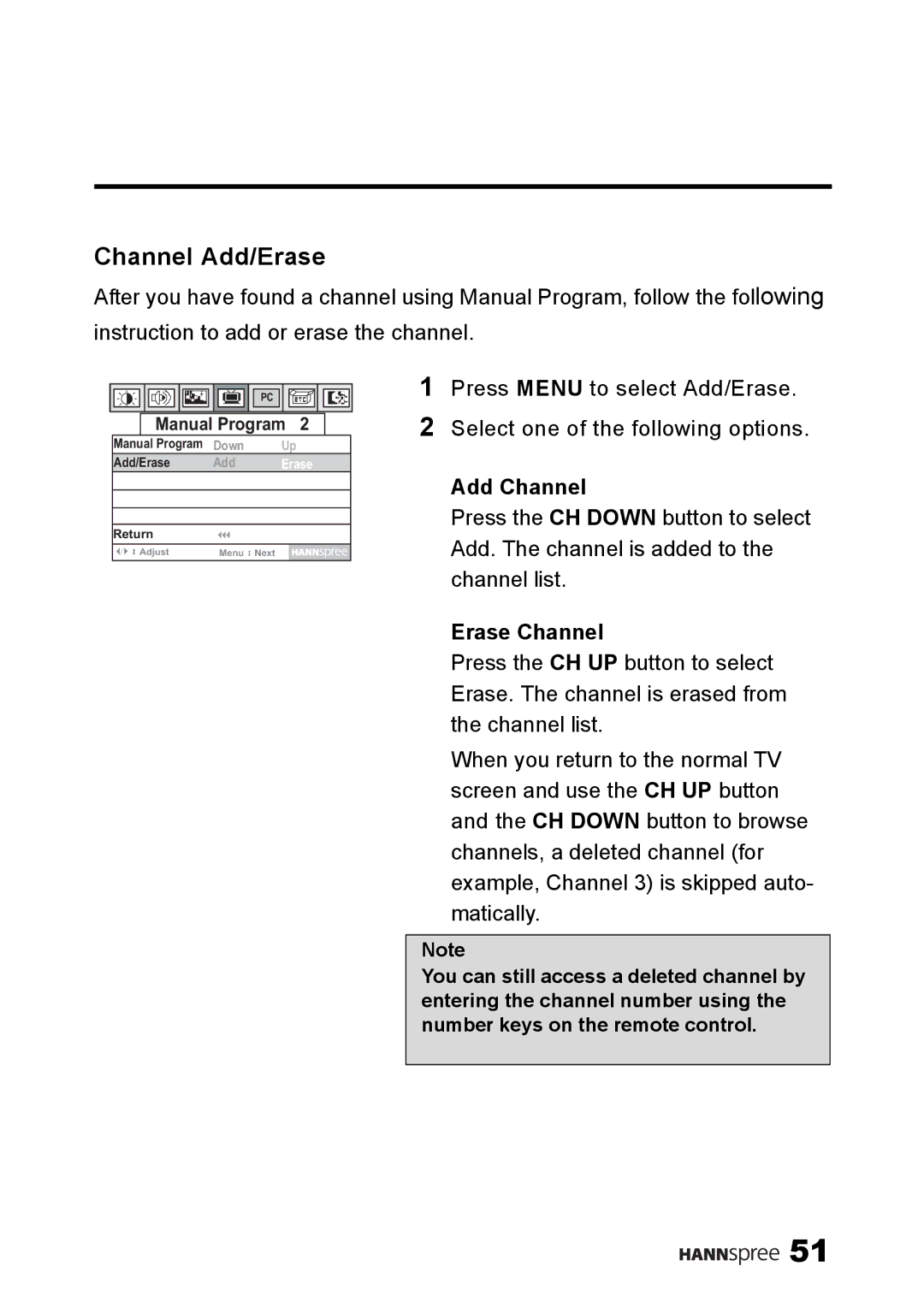 SRS Labs LT0G-15A1, MAC-001149, NTSCTVTWEN1203 manual Channel Add/Erase, Erase Channel 