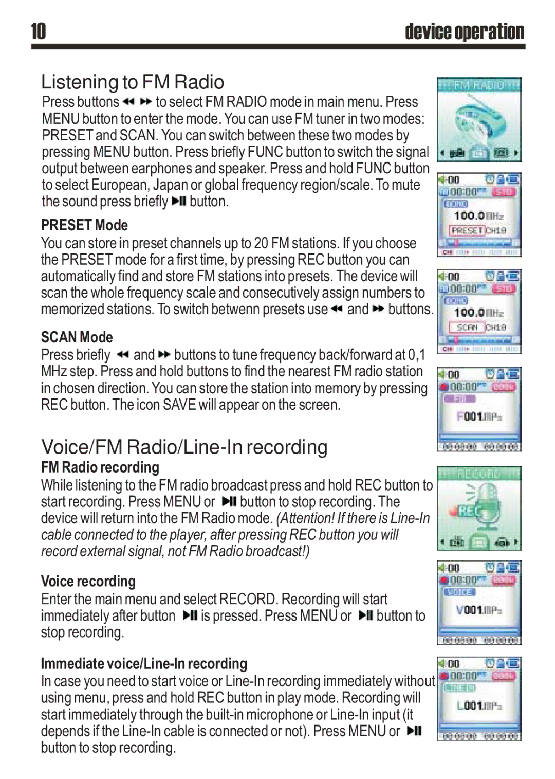 SRS Labs MP3 MiniMax3 user manual Listening to FM Radio, Voice/FM Radio/Line-In recording 