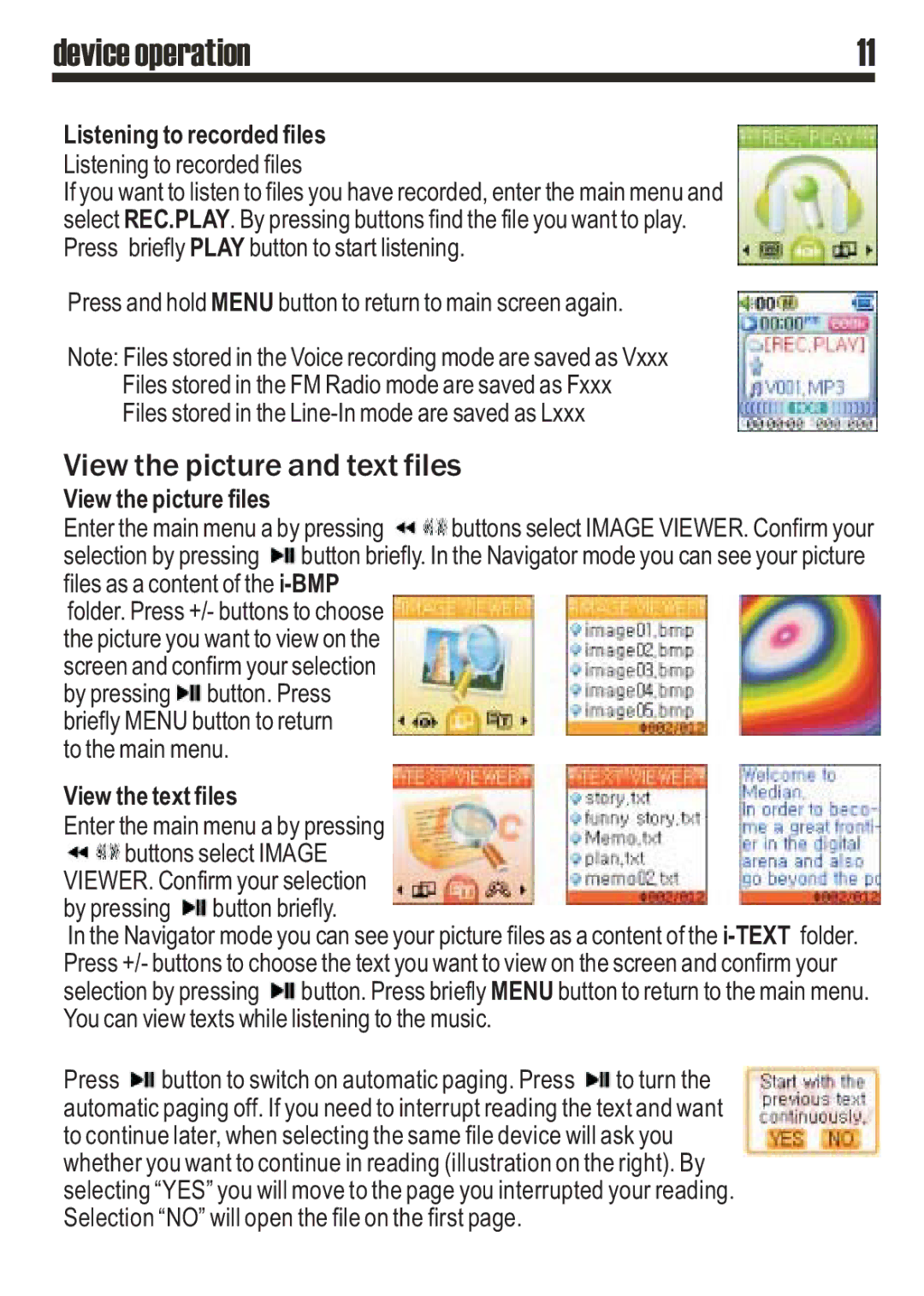 SRS Labs MP3 MiniMax3 user manual View the picture and text files, Listening to recorded files, View the picture files 