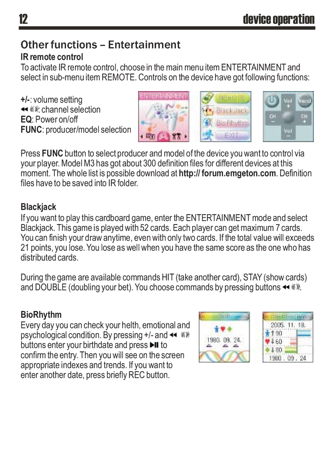SRS Labs MP3 MiniMax3 user manual Other functions Entertainment, IR remote control, Blackjack, BioRhythm 