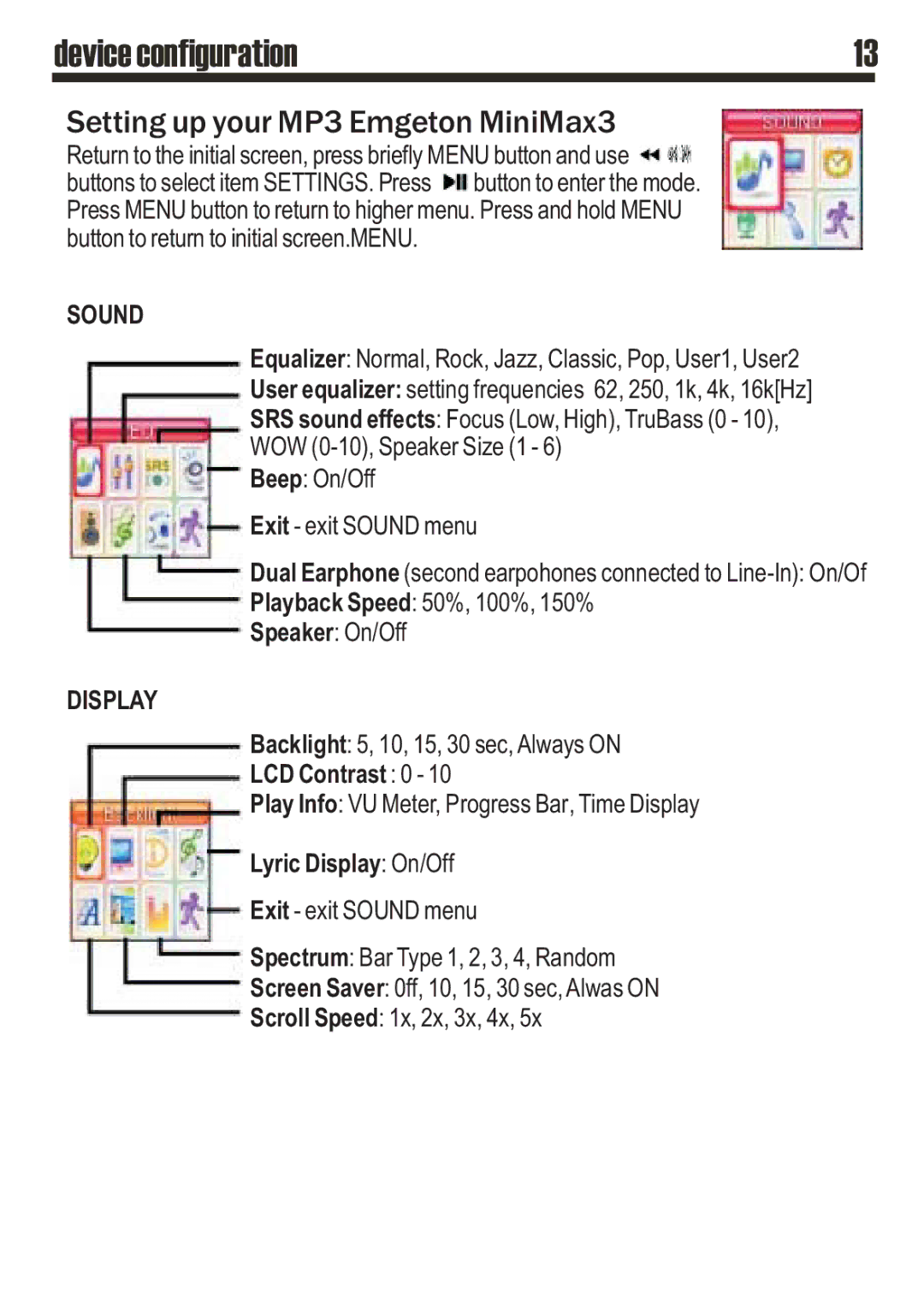 SRS Labs MP3 MiniMax3 Device configuration, Setting up your MP3 Emgeton MiniMax3, LCD Contrast 0, Lyric Display On/Off 