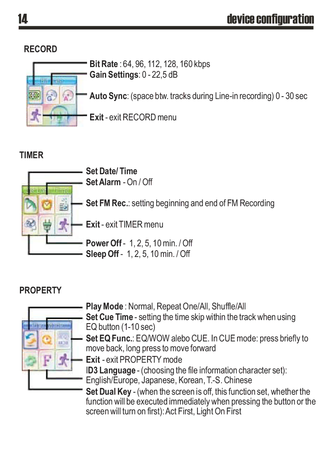 SRS Labs MP3 MiniMax3 user manual Device configuration, Gain Settings 0 22,5 dB, Set Date/ Time Set Alarm On / Off 