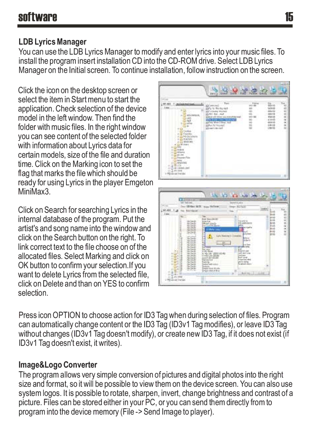 SRS Labs MP3 MiniMax3 user manual Software, LDB Lyrics Manager, Image&Logo Converter 