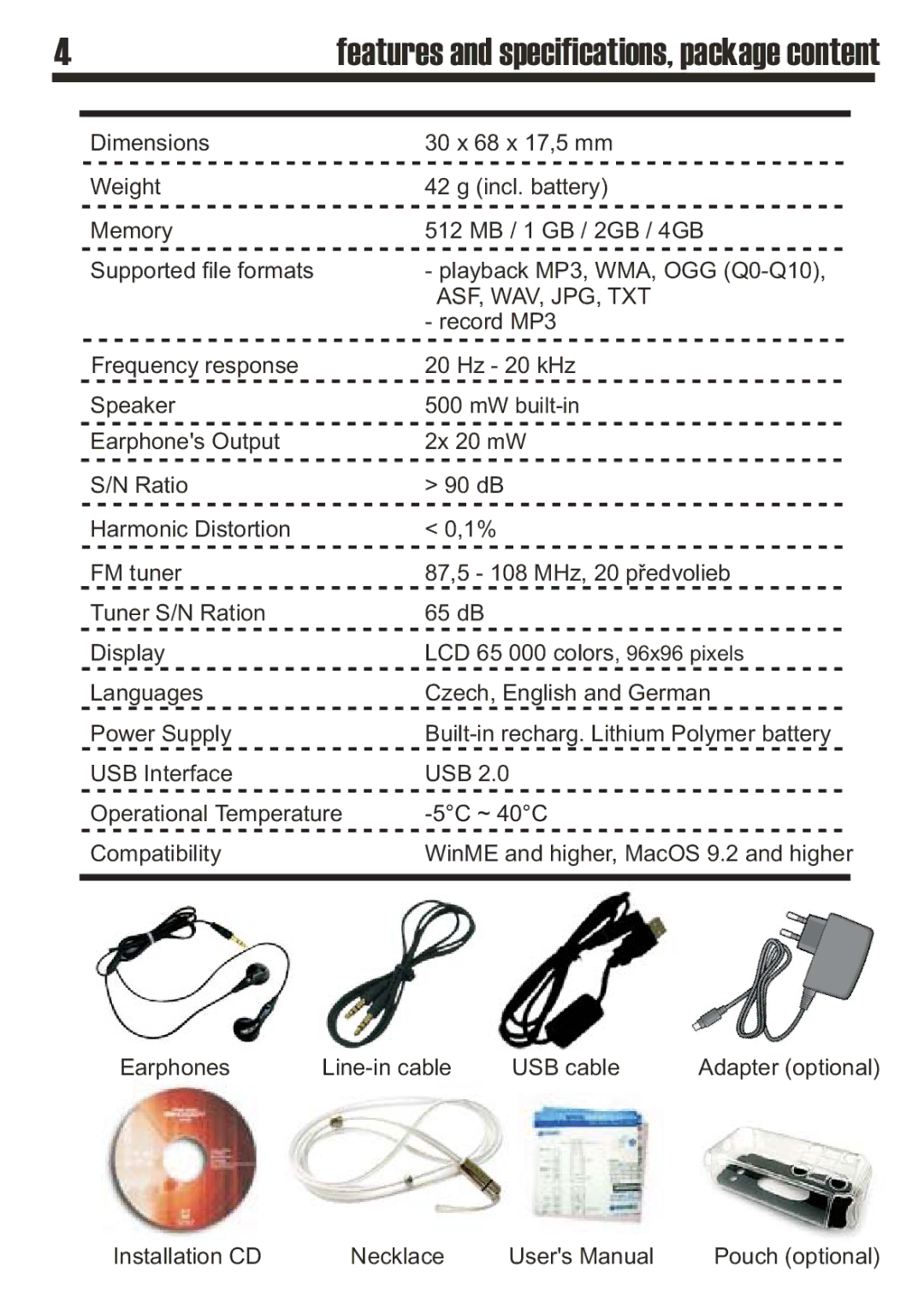 SRS Labs MP3 MiniMax3 user manual Features and specifications, package content, Asf, Wav, Jpg, Txt 