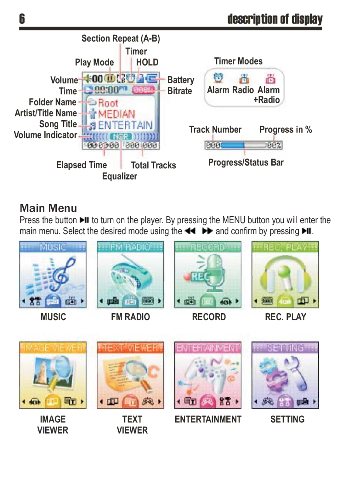 SRS Labs MP3 MiniMax3 user manual Description of display, Main Menu 