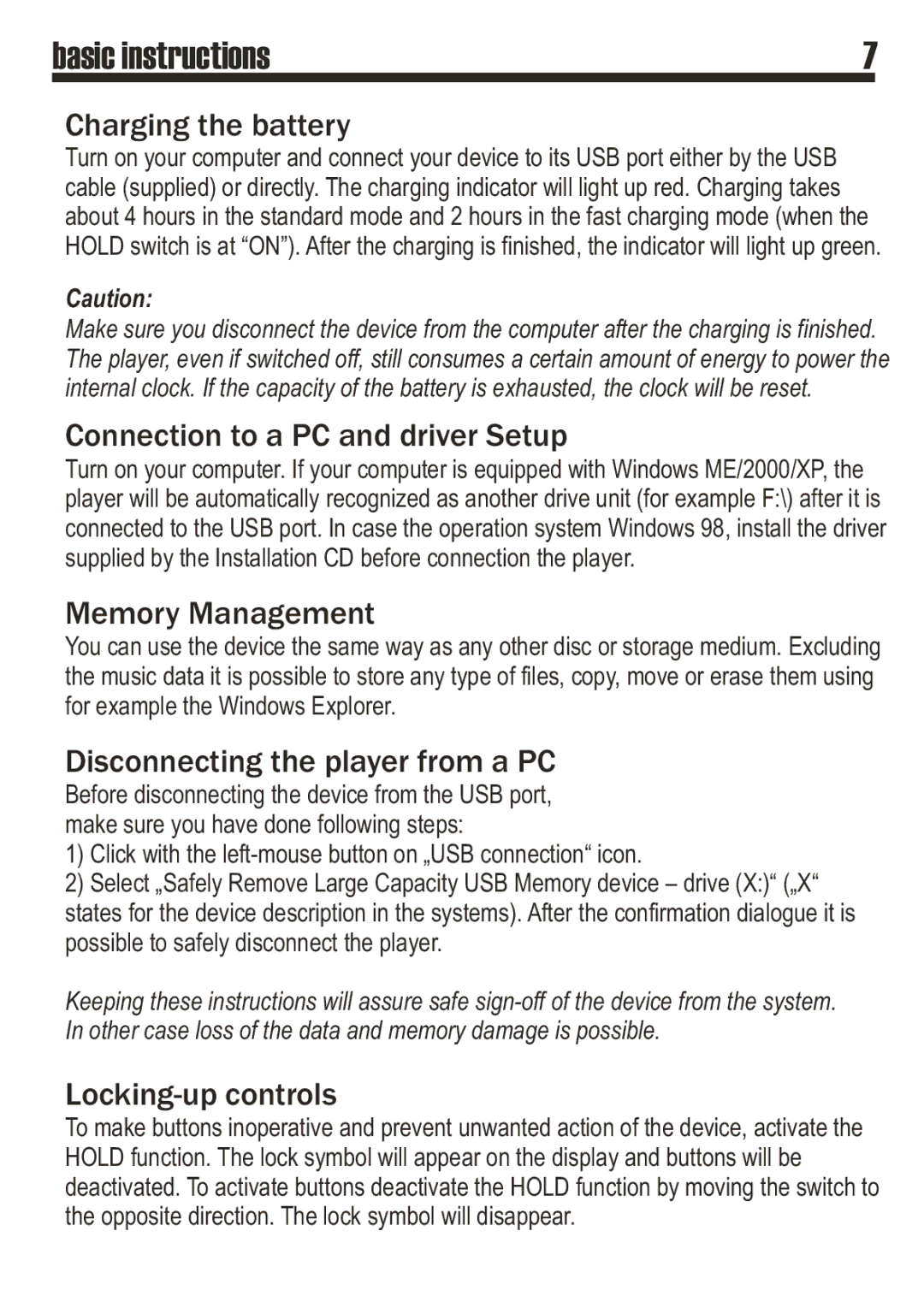 SRS Labs MP3 MiniMax3 user manual Basic instructions, Charging the battery 