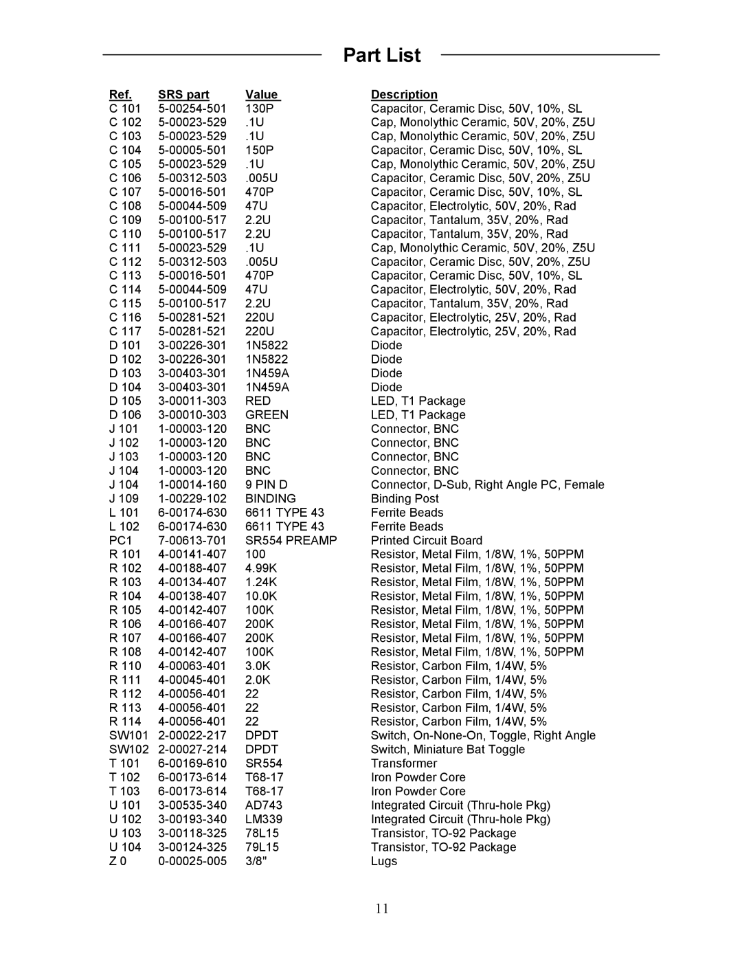 SRS Labs SR554 manual Part List 