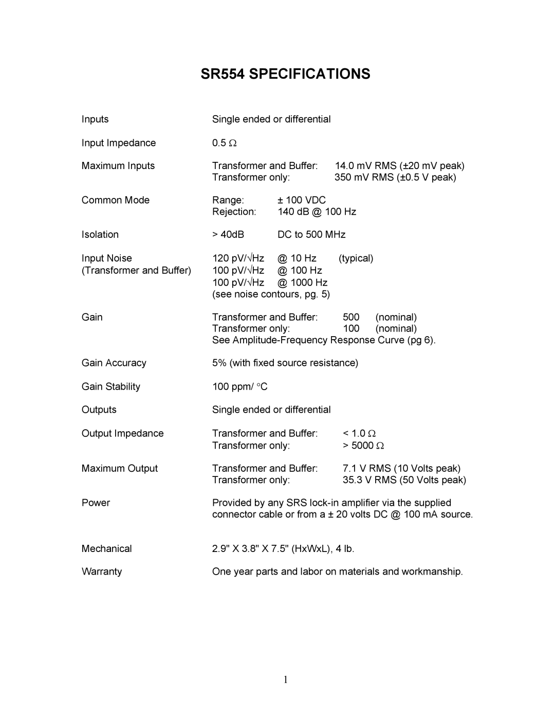 SRS Labs manual SR554 Specifications 