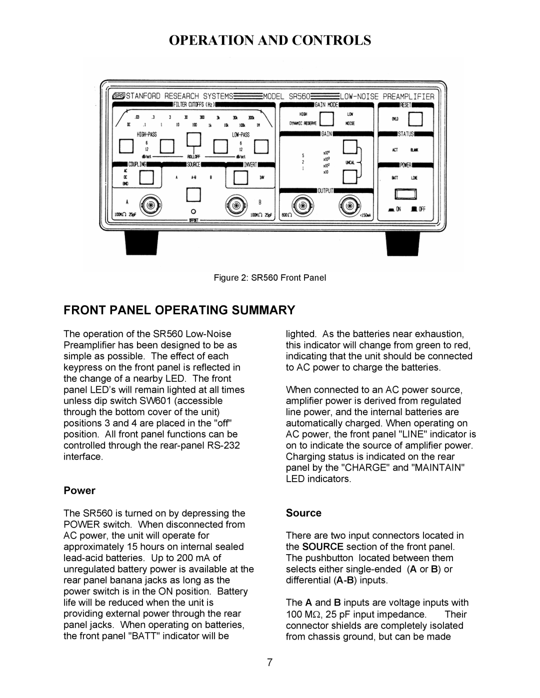 SRS Labs SR560 manual Operation and Controls, Front Panel Operating Summary, Power, Source 