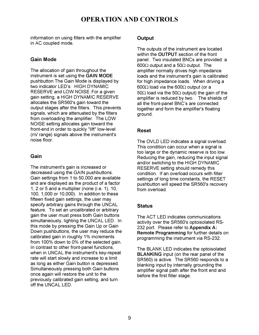 SRS Labs SR560 manual Gain Mode, Output, Reset, Status 