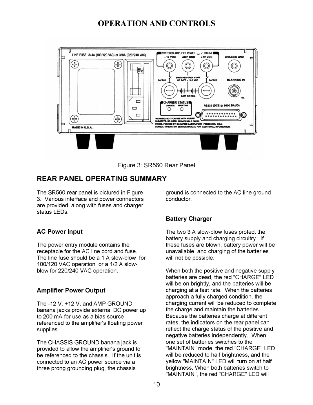 SRS Labs SR560 manual Rear Panel Operating Summary, AC Power Input, Amplifier Power Output, Battery Charger 