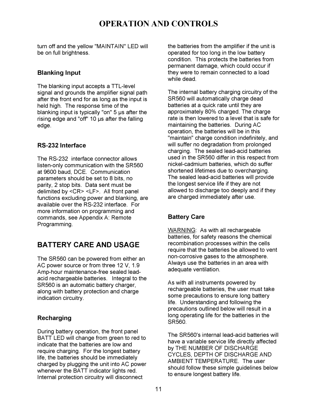 SRS Labs SR560 manual Battery Care and Usage, Blanking Input, RS-232 Interface, Recharging 