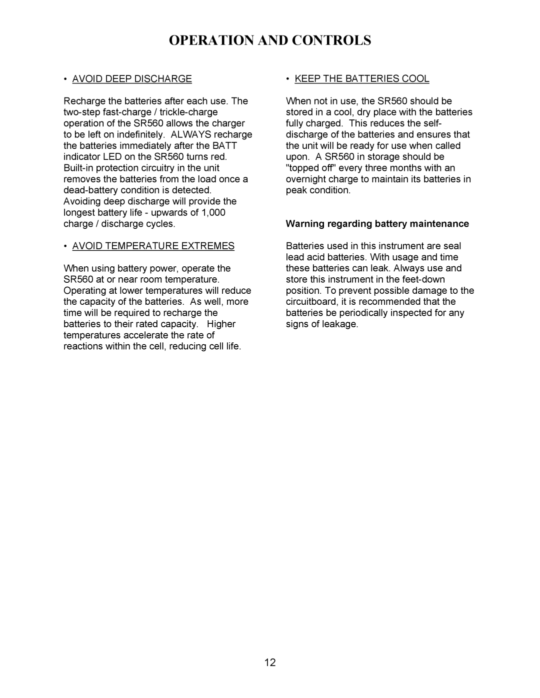 SRS Labs SR560 manual Avoid Deep Discharge 