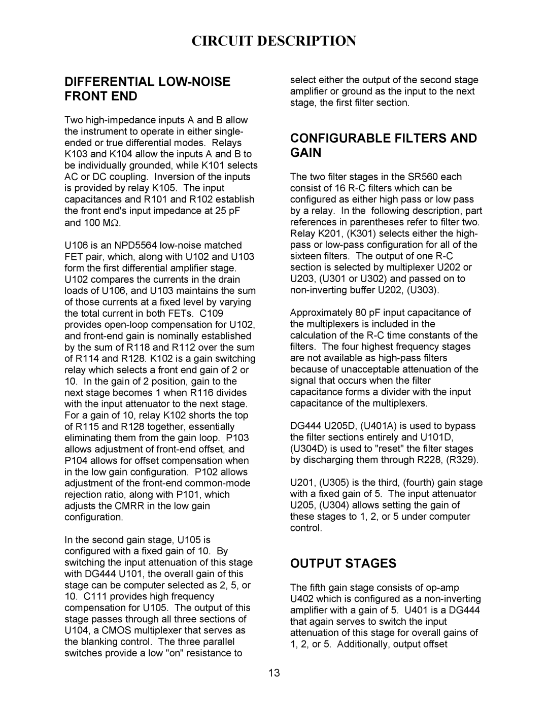 SRS Labs SR560 manual Circuit Description, Differential LOW-NOISE Front END, Configurable Filters and Gain, Output Stages 