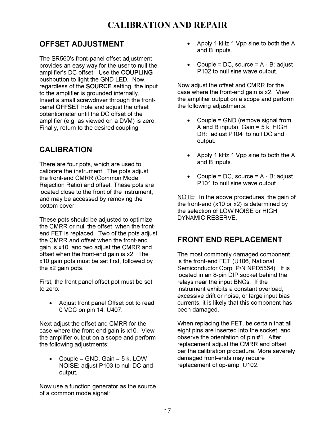 SRS Labs SR560 manual Calibration and Repair, Offset Adjustment, Front END Replacement 