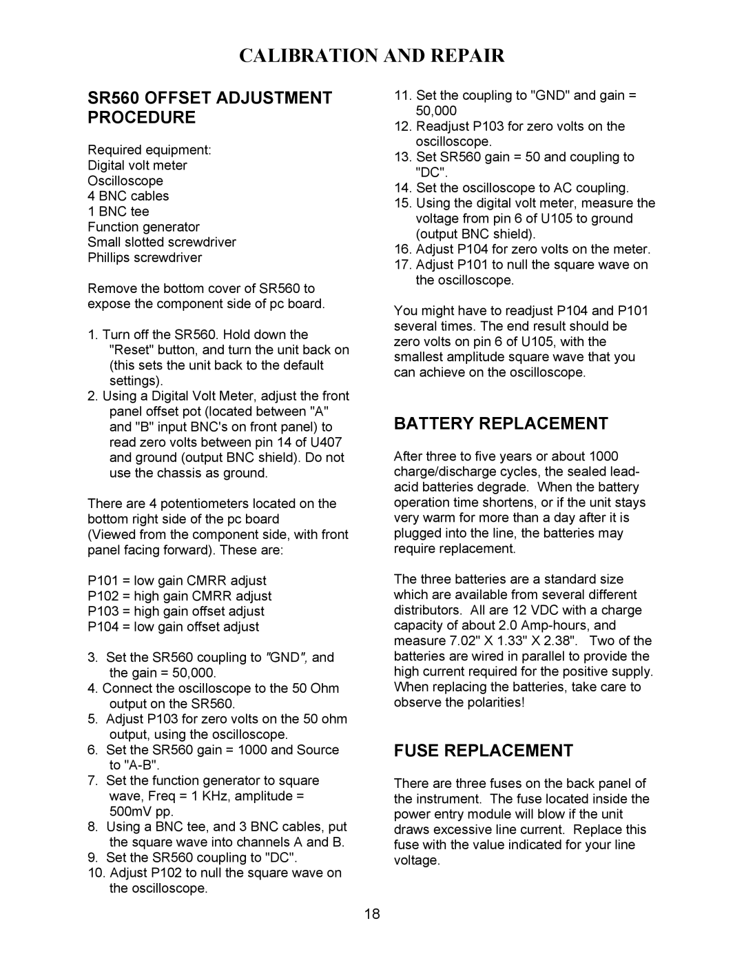 SRS Labs manual SR560 Offset Adjustment Procedure, Battery Replacement, Fuse Replacement 