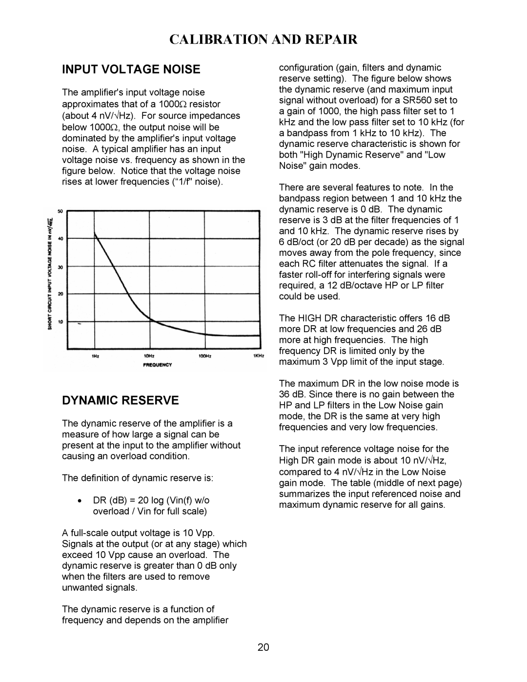 SRS Labs SR560 manual Input Voltage Noise, Dynamic Reserve 