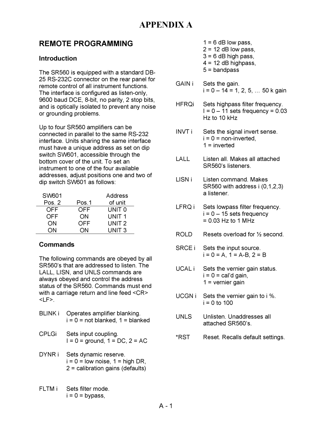 SRS Labs SR560 manual Appendix a, Remote Programming, Introduction, Commands 