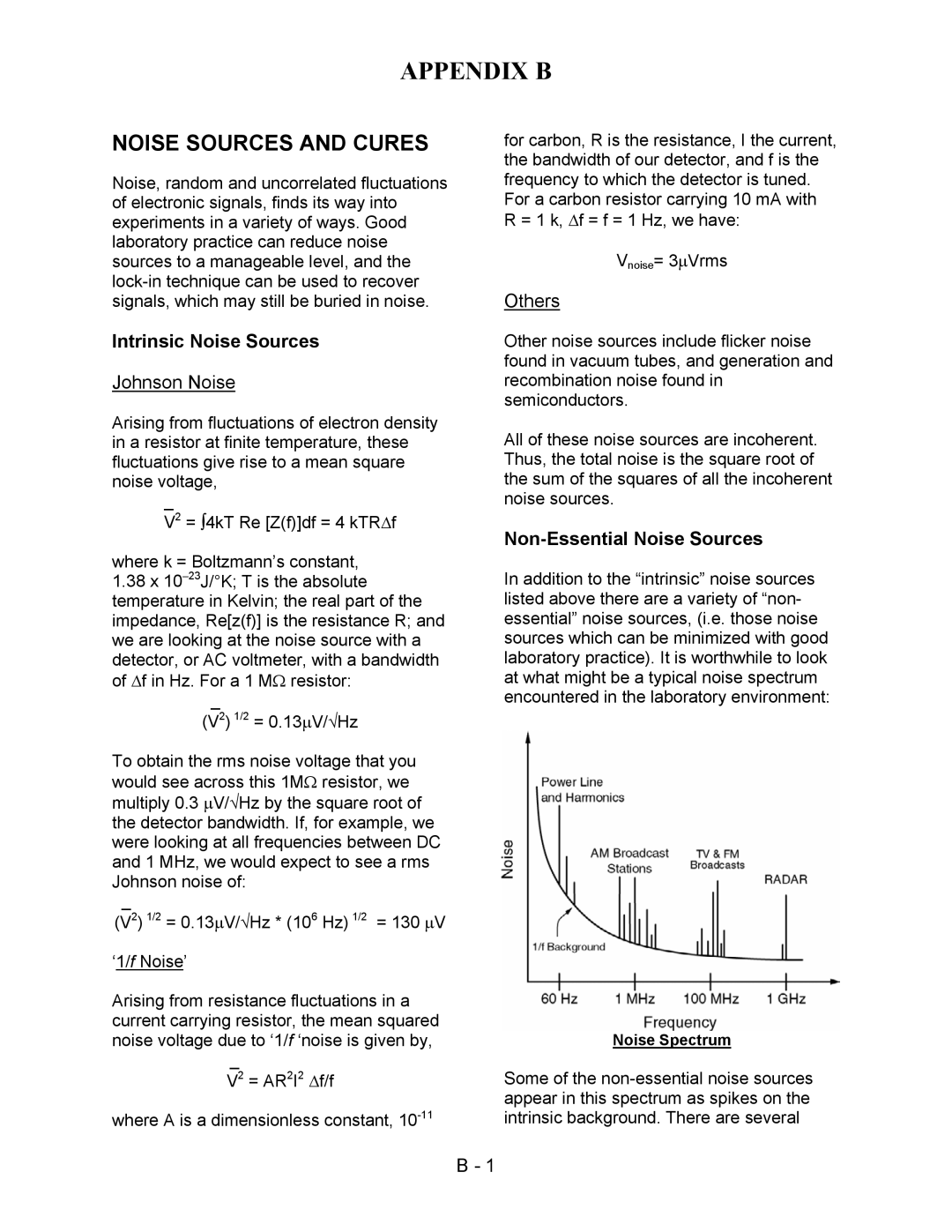 SRS Labs SR560 manual Appendix B, Noise Sources and Cures, Intrinsic Noise Sources, Non-Essential Noise Sources 