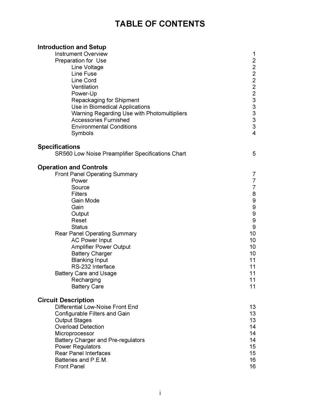 SRS Labs SR560 manual Table of Contents 