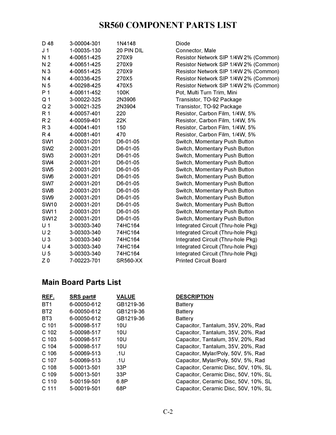 SRS Labs SR560 manual Main Board Parts List 