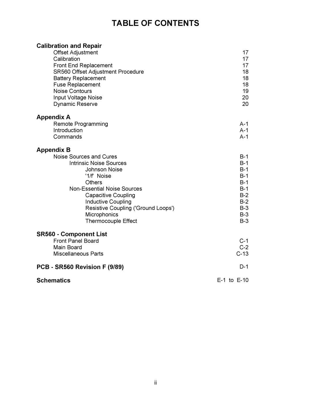 SRS Labs Calibration and Repair, Appendix a, Appendix B, SR560 Component List, PCB SR560 Revision F 9/89 Schematics 