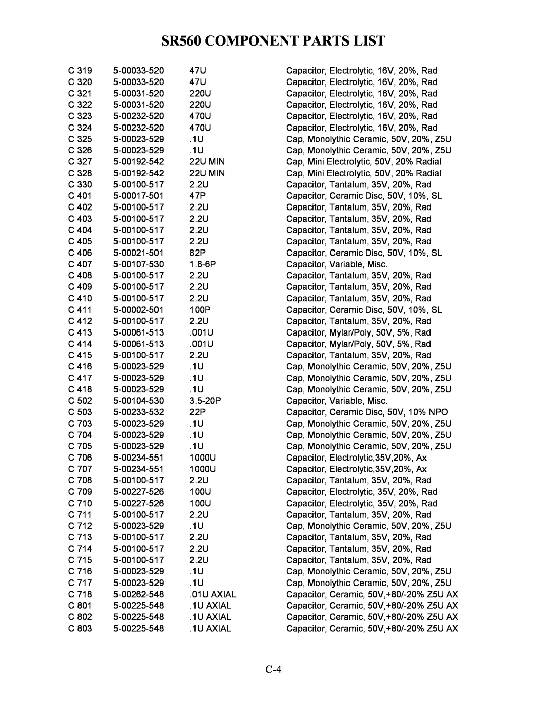 SRS Labs manual SR560 COMPONENT PARTS LIST 