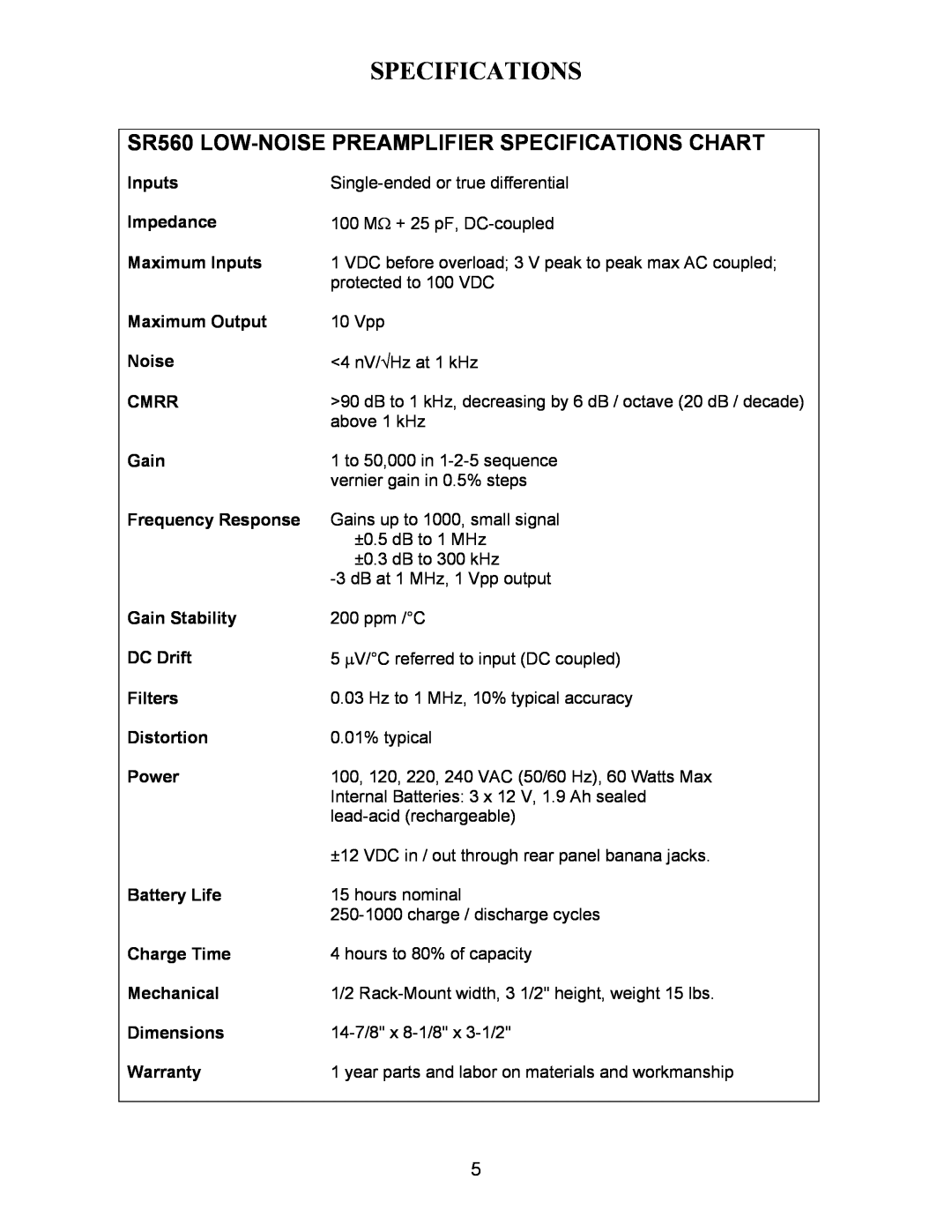 SRS Labs manual Specifications, SR560 LOW-NOISEPREAMPLIFIER SPECIFICATIONS CHART 