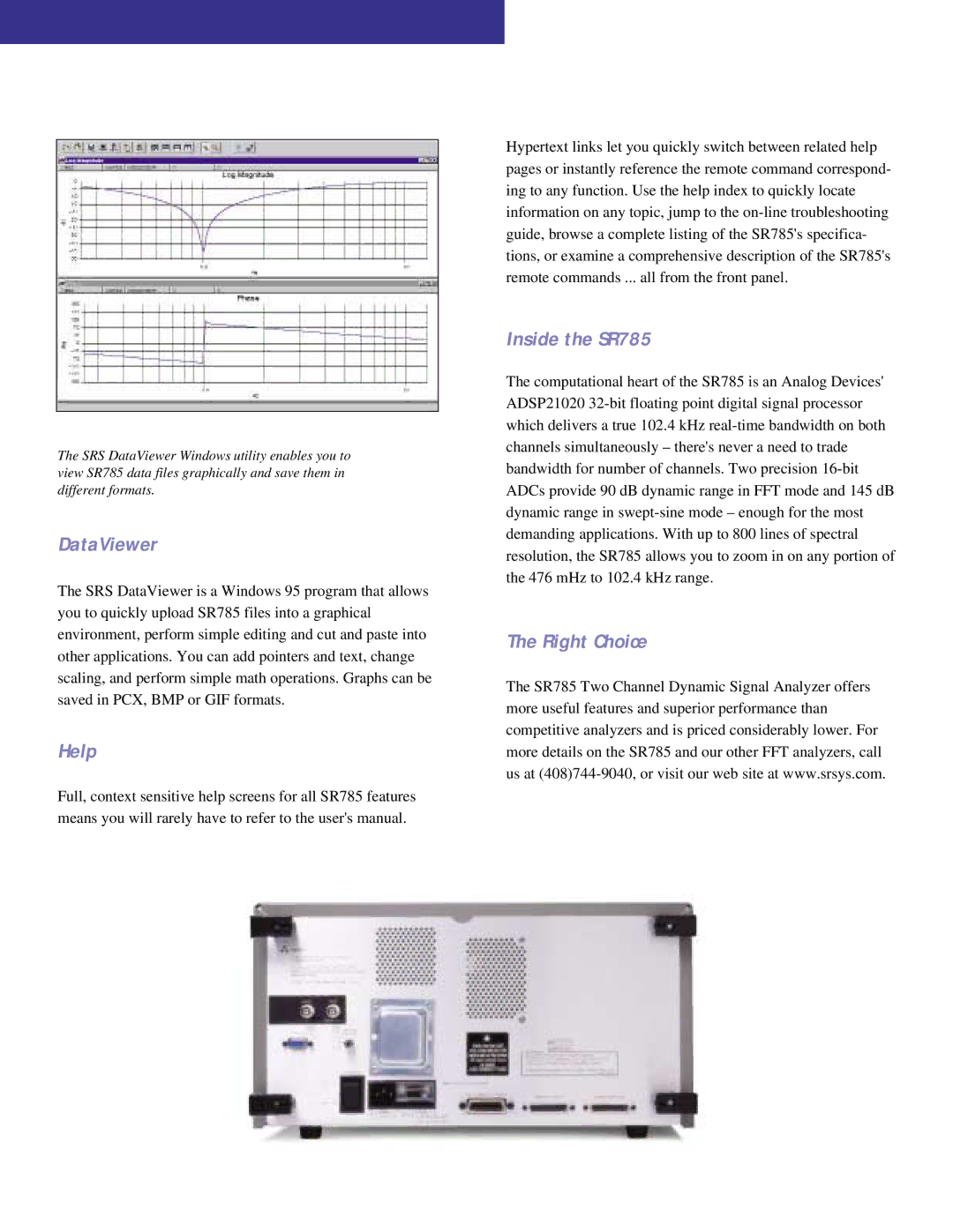 SRS Labs manual DataViewer, Help, Inside the SR785, Right Choice 