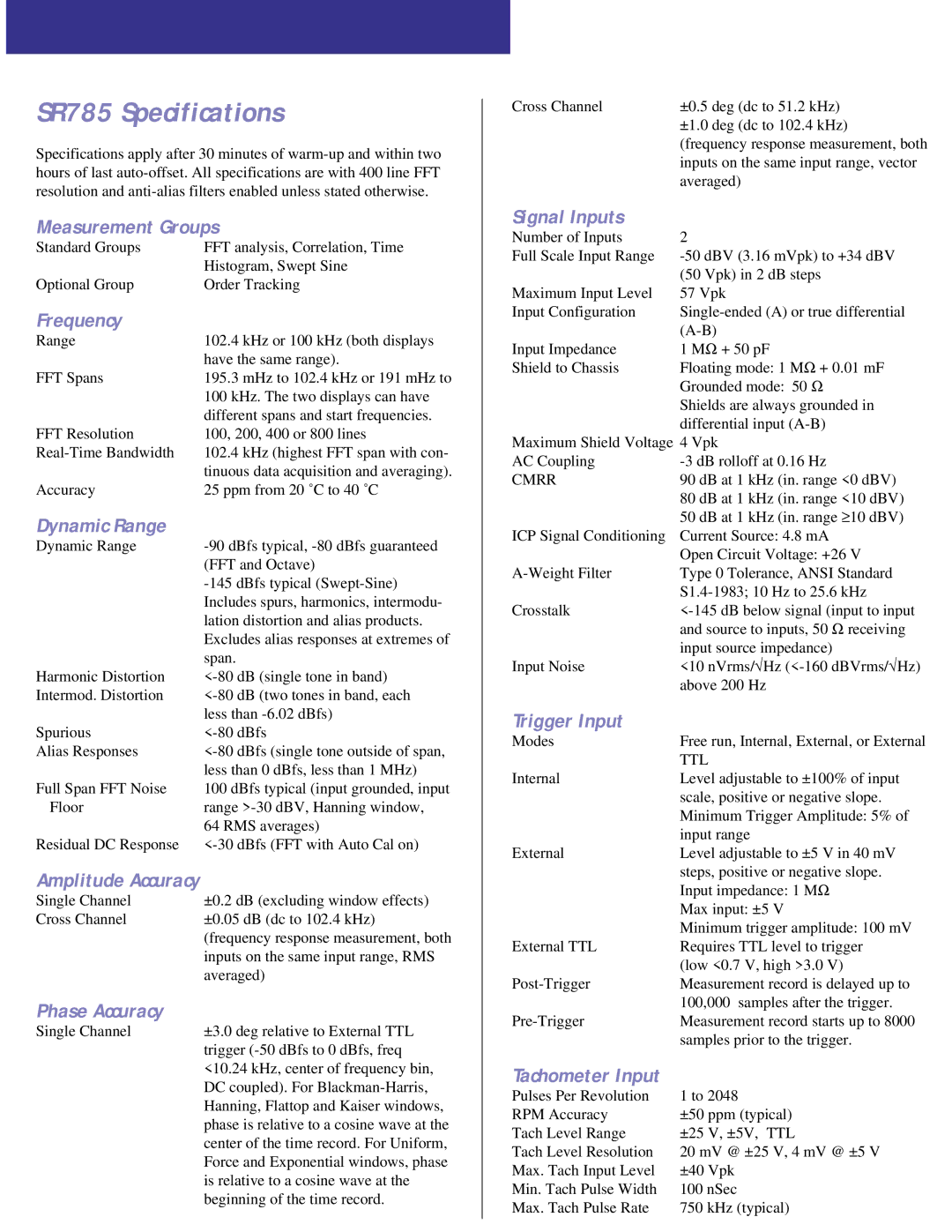 SRS Labs manual SR785 Specifications 