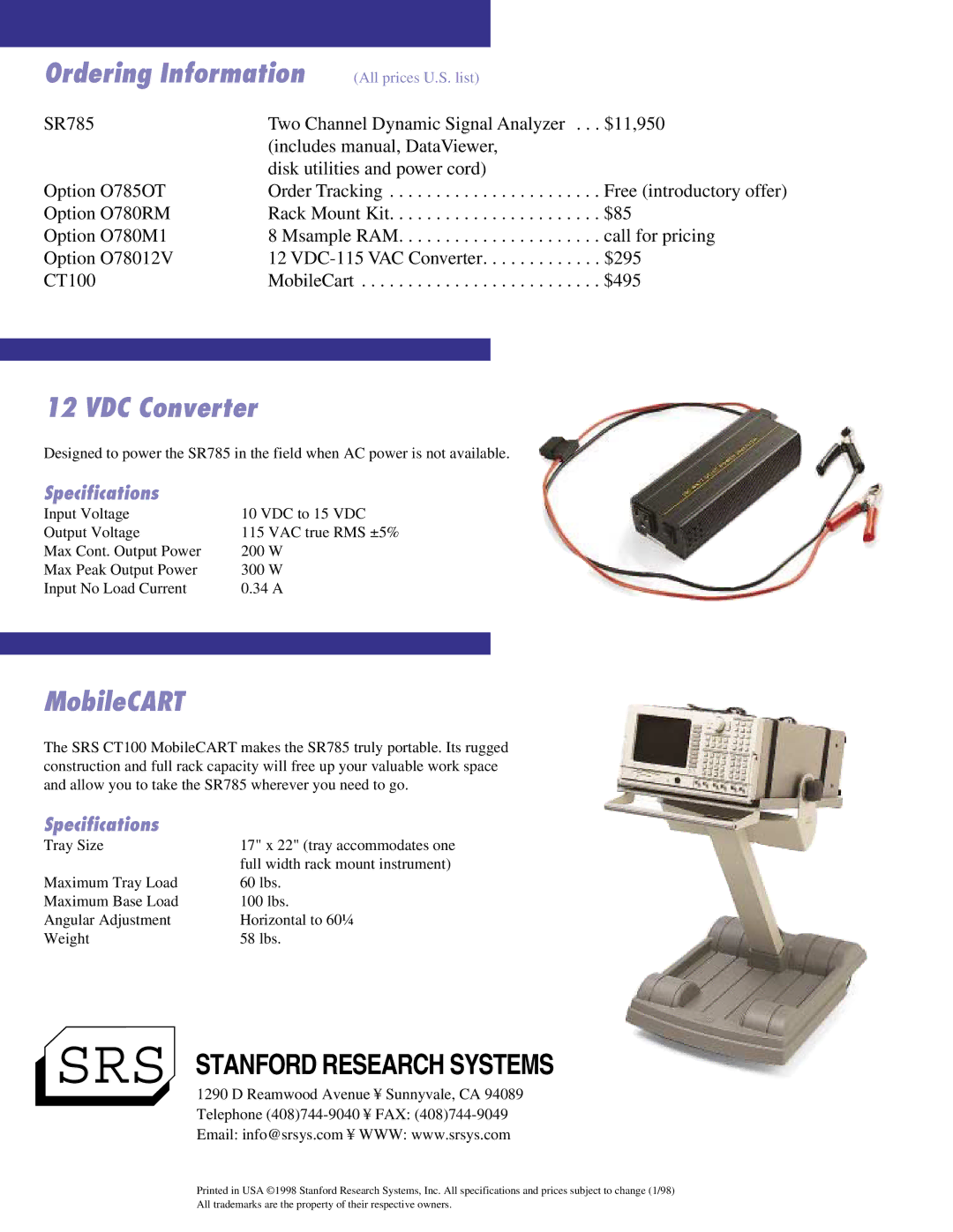 SRS Labs SR785 manual Ordering Information, VDC Converter, MobileCART, Specifications 