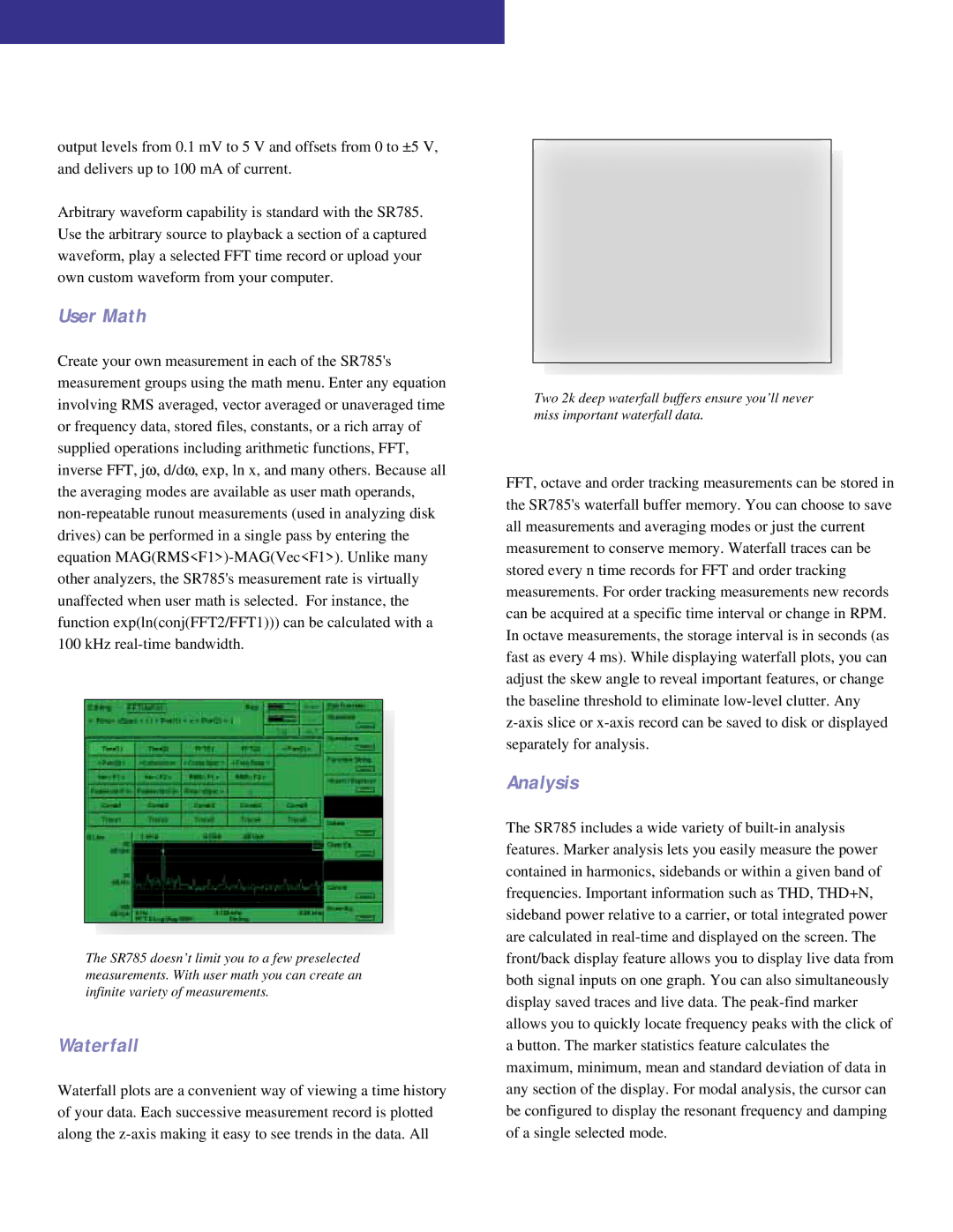 SRS Labs SR785 manual User Math, Waterfall, Analysis 