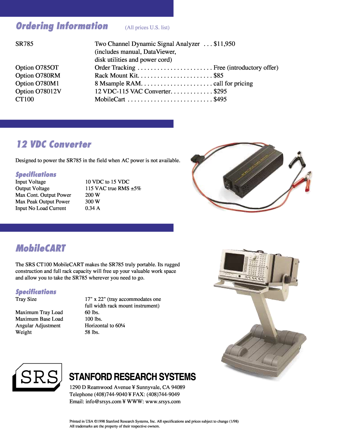 SRS Labs SR785 manual Ordering Information, VDC Converter, MobileCART, Srs Stanford Research Systems 