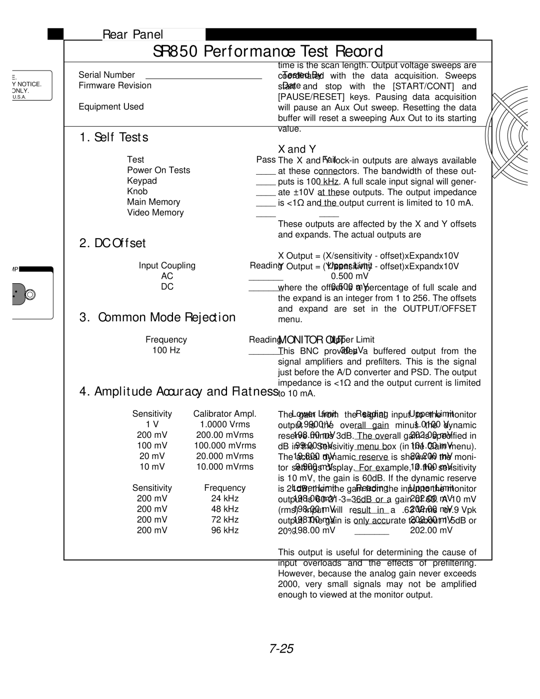 SRS Labs SR850 Performance Test Record, Self Tests, DC Offset, Common Mode Rejection, Amplitude Accuracy and Flatness 