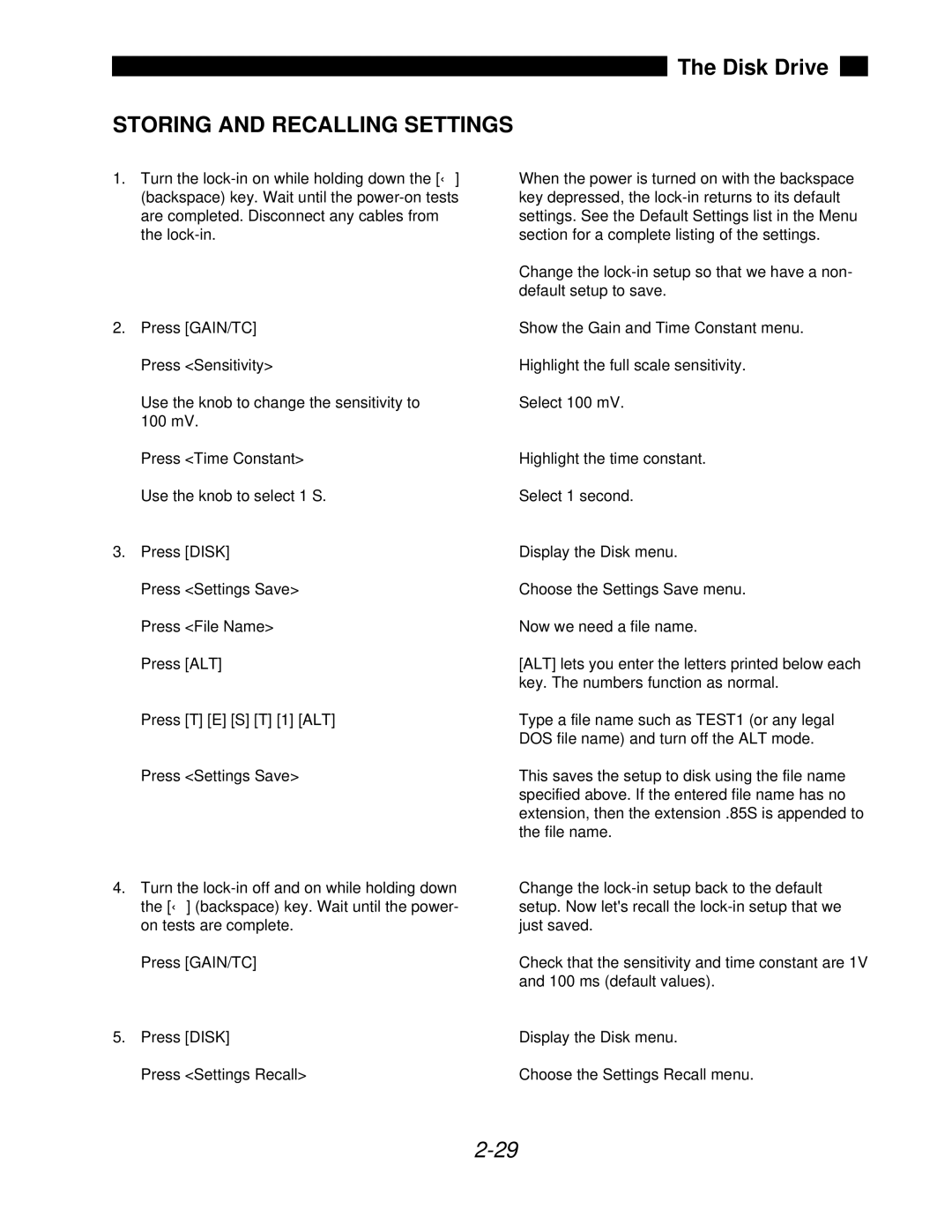 SRS Labs SR850 manual Storing and Recalling Settings 