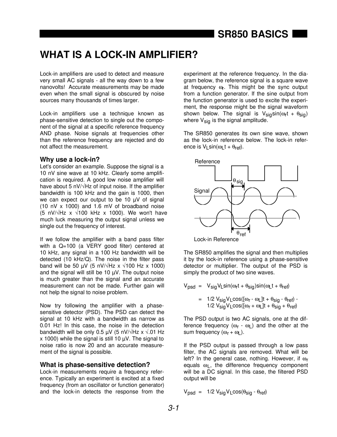 SRS Labs manual SR850 Basics What is a LOCK-IN AMPLIFIER?, Why use a lock-in?, What is phase-sensitive detection? 