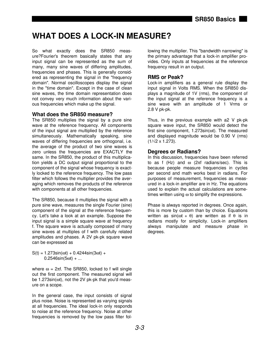 SRS Labs manual What does a LOCK-IN MEASURE?, RMS or Peak?, What does the SR850 measure?, Degrees or Radians? 