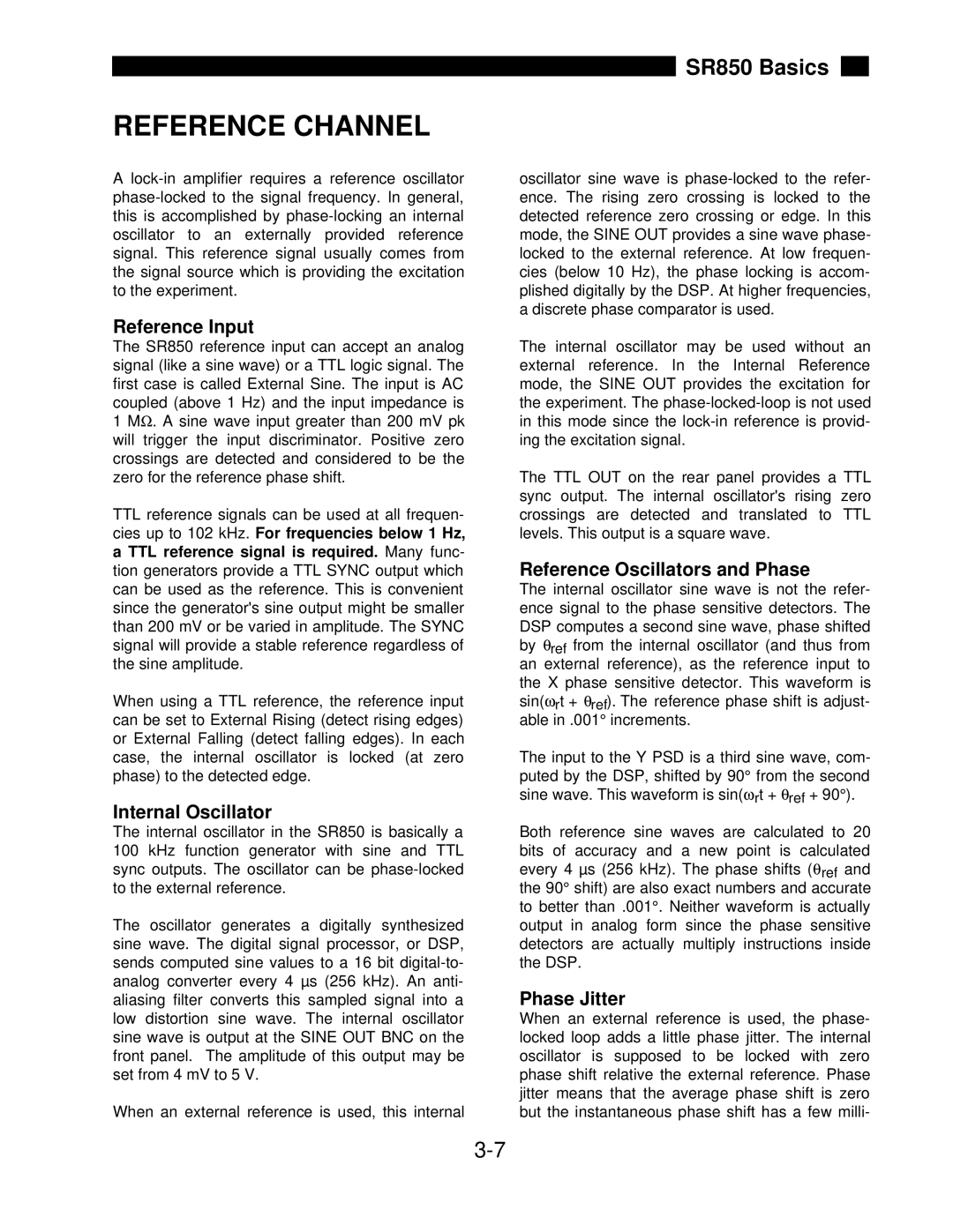 SRS Labs SR850 Reference Channel, Reference Input, Internal Oscillator, Reference Oscillators and Phase, Phase Jitter 