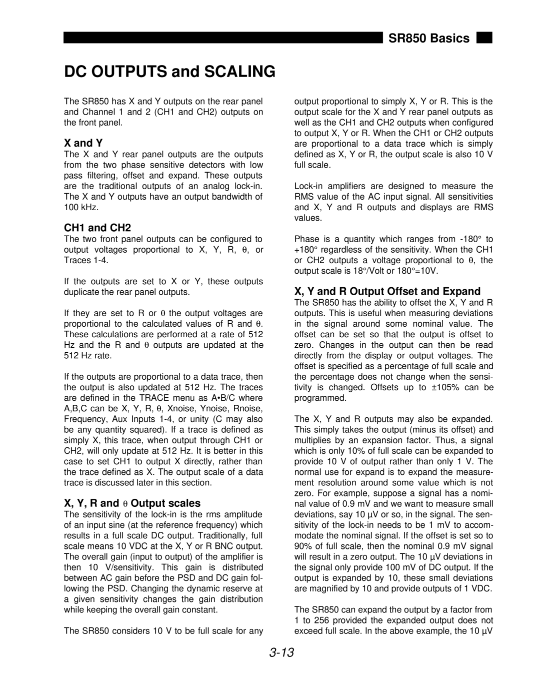 SRS Labs SR850 manual DC Outputs and Scaling, CH1 and CH2, R and Output scales, R Output Offset and Expand 